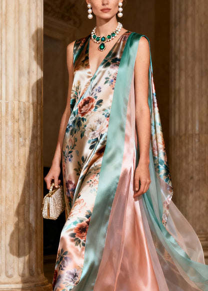 Natural Print Patchwork Silk Long Dresses Sleeveless