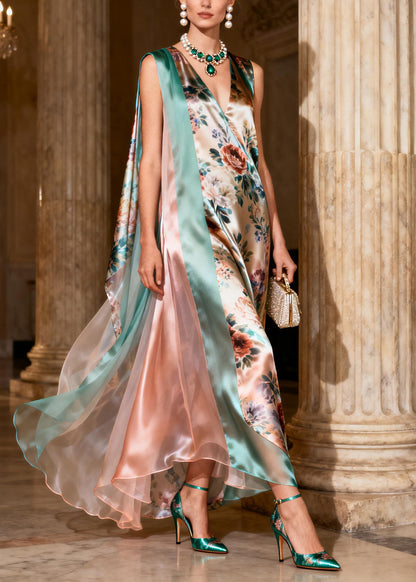 Natural Print Patchwork Silk Long Dresses Sleeveless