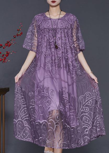 Natural Purple Embroidered Tulle Long Dresses Summer