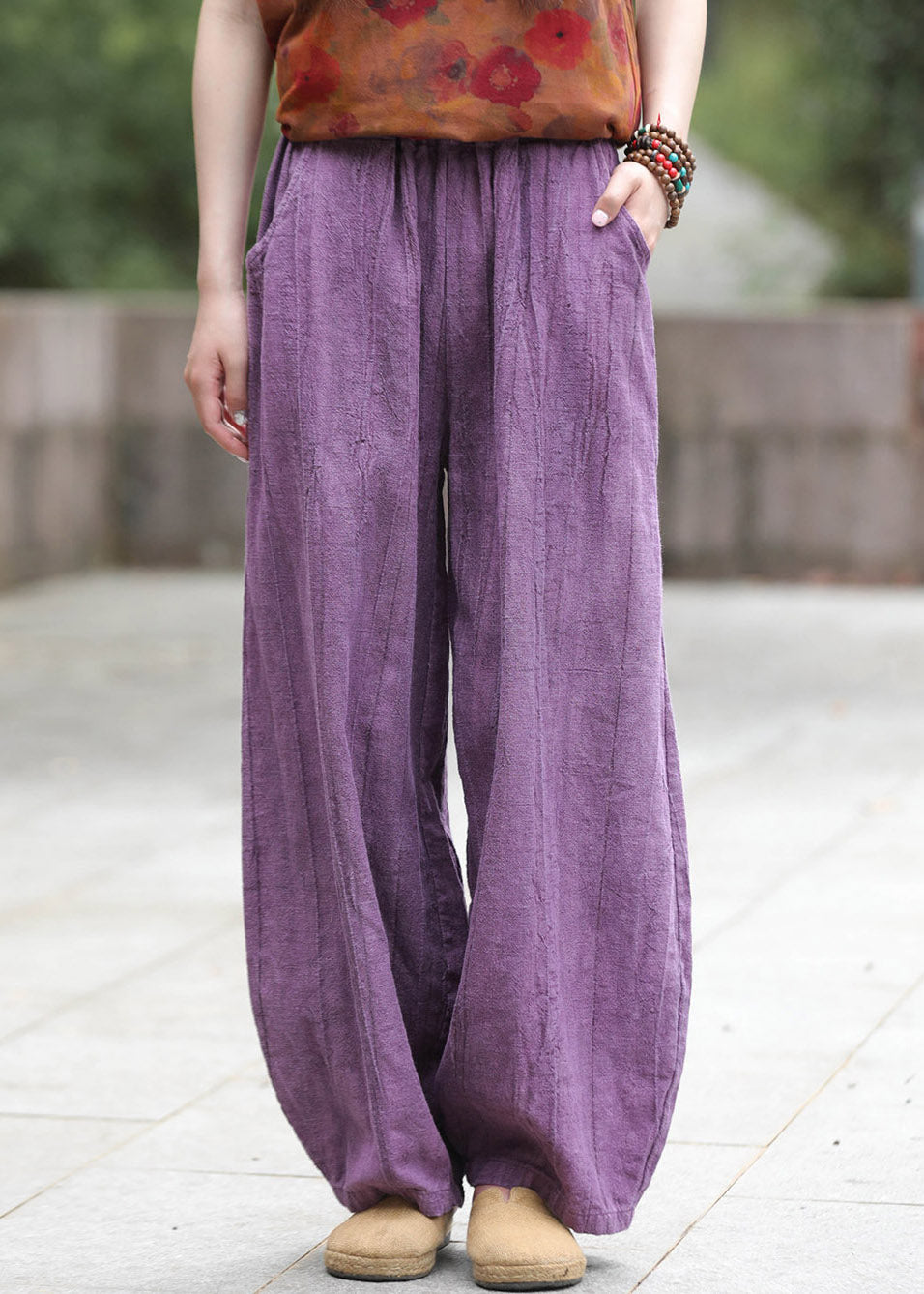 Natural Purple Patchwork Elastic Waist Lantern Pants Fall