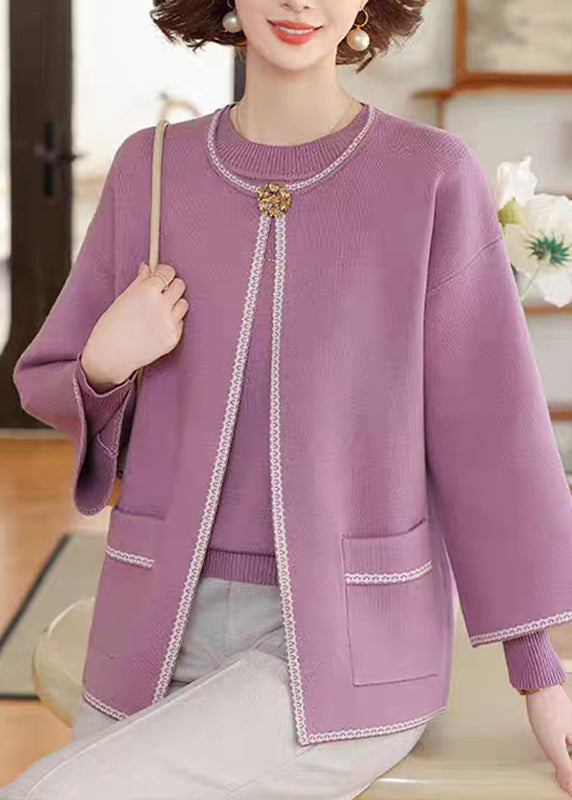 Natural Purple Patchwork Pockets Cotton Knit Cardigans And Sweater Two-Piece Set Spring