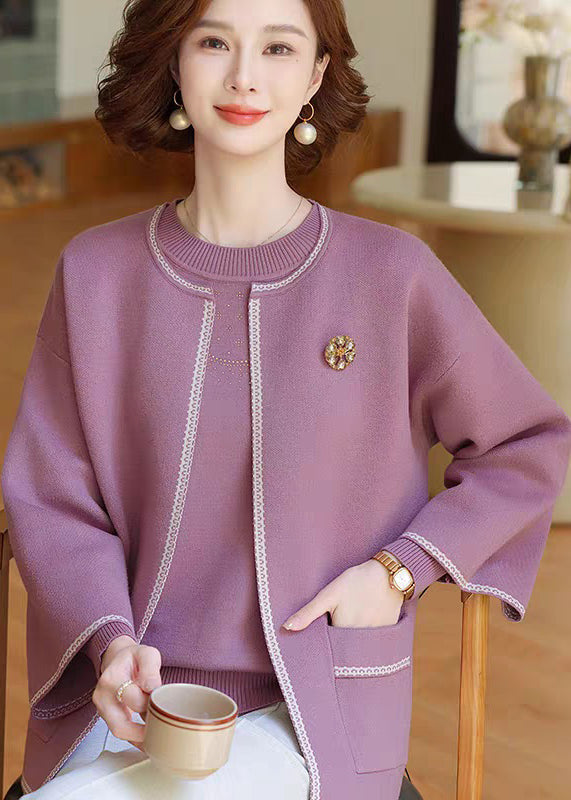 Natural Purple Patchwork Pockets Cotton Knit Cardigans And Sweater Two-Piece Set Spring
