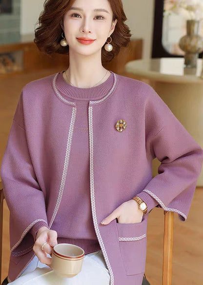 Natural Purple Patchwork Pockets Cotton Knit Cardigans And Sweater Two-Piece Set Spring