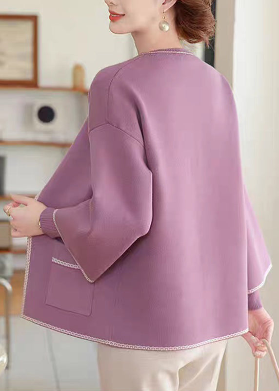 Natural Purple Patchwork Pockets Cotton Knit Cardigans And Sweater Two-Piece Set Spring