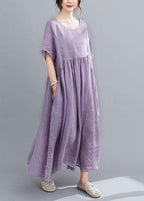 Natural Light Purple Flowers Pockets Short Sleeve Robe Cotton Linen Dresses