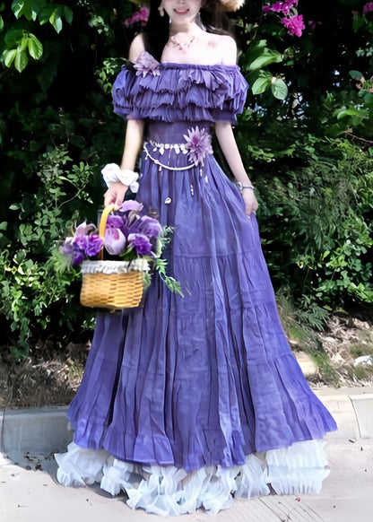 Natural Purple Slash Neck Ruffled Floral Holiday Maxi Dress Summer