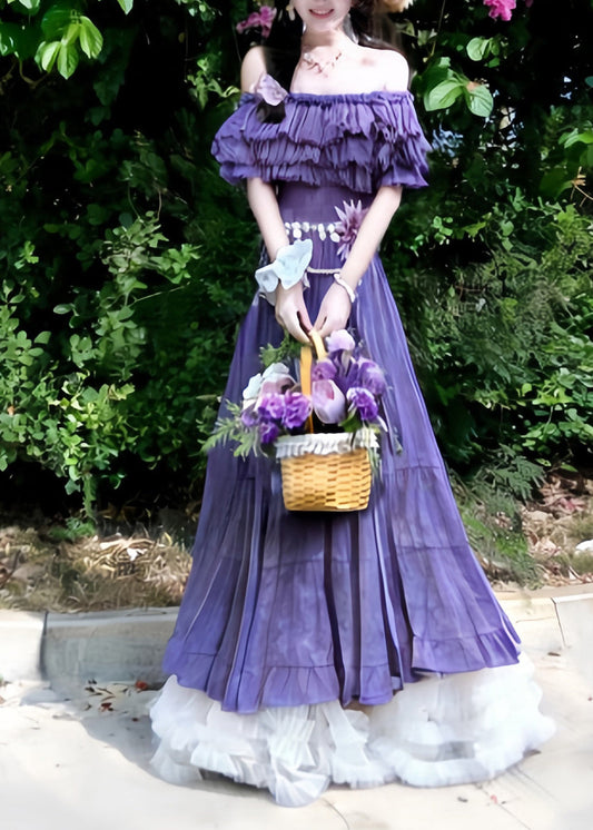 Natural Purple Slash Neck Ruffled Floral Holiday Maxi Dress Summer