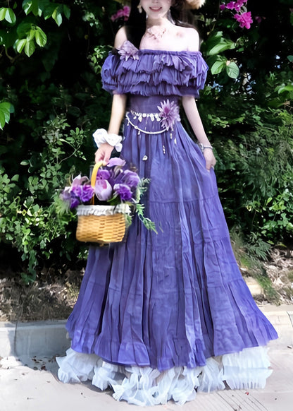 Natural Purple Slash Neck Ruffled Floral Holiday Maxi Dress Summer