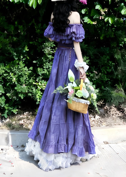 Natural Purple Slash Neck Ruffled Floral Holiday Maxi Dress Summer