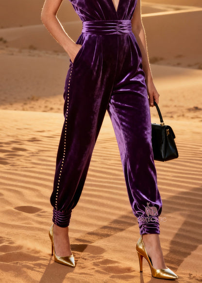 Natural Purple V Neck Patchwork Silk Velvet Jumpsuit Summer