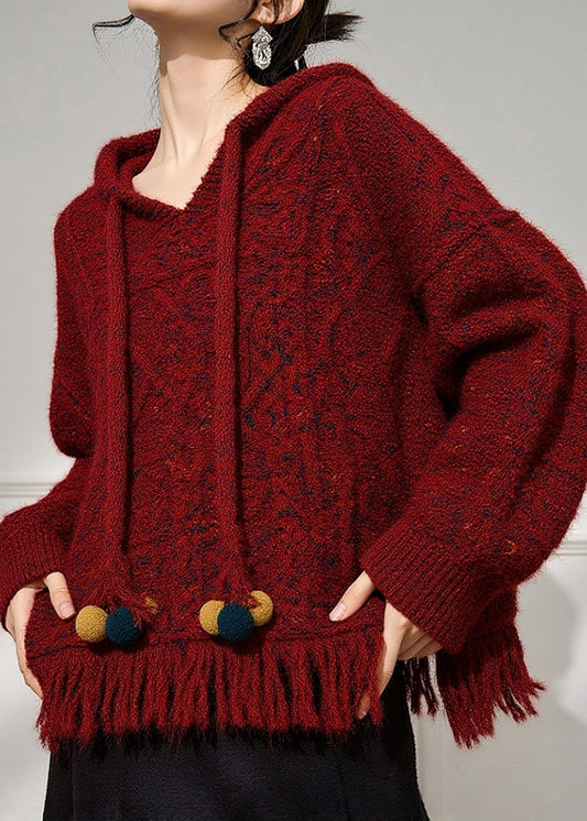 Natural Red Drawstring Cotton Knit Hooded Sweater Spring