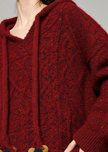 Natural Red Drawstring Cotton Knit Hooded Sweater Spring