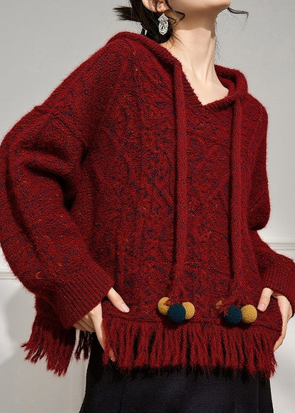 Natural Red Drawstring Cotton Knit Hooded Sweater Spring