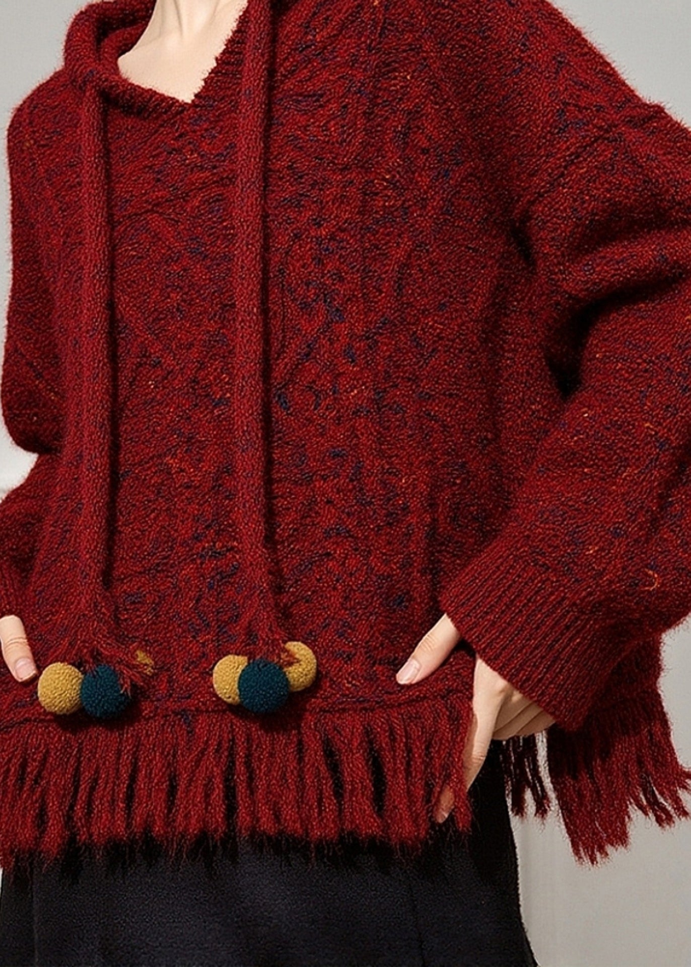 Natural Red Drawstring Cotton Knit Hooded Sweater Spring