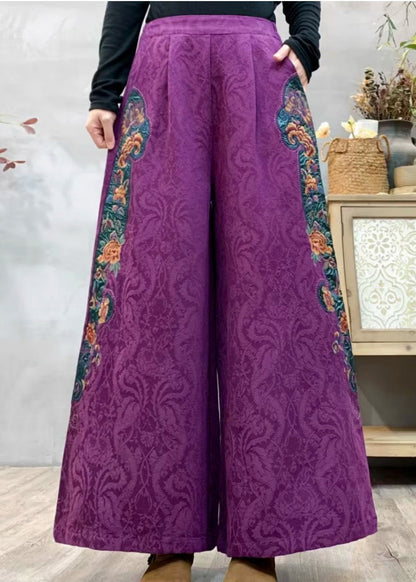 Natural Red Embroidered Jacquard Linen Straight Pants Spring