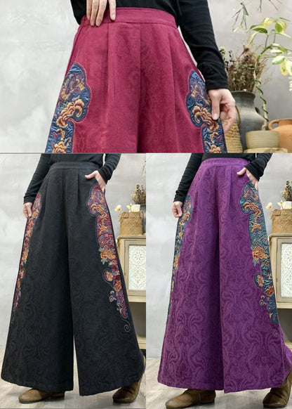 Natural Red Embroidered Jacquard Linen Straight Pants Spring