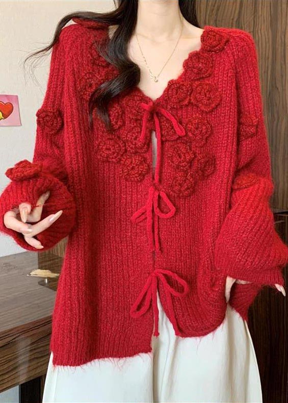 Natural Red Floral Decorated Warm Knit Cardigans Fall