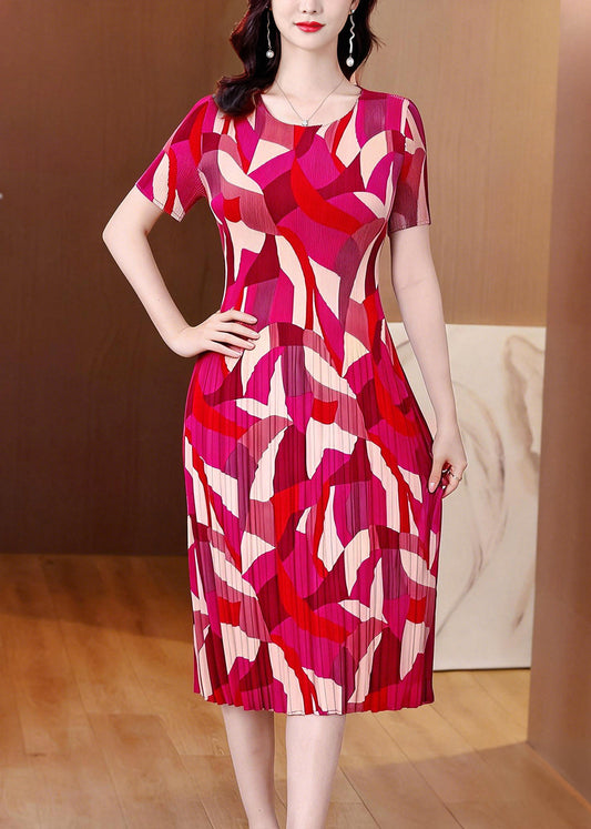 Natural Red O-Neck Print Maxi Dresses Short Sleeve