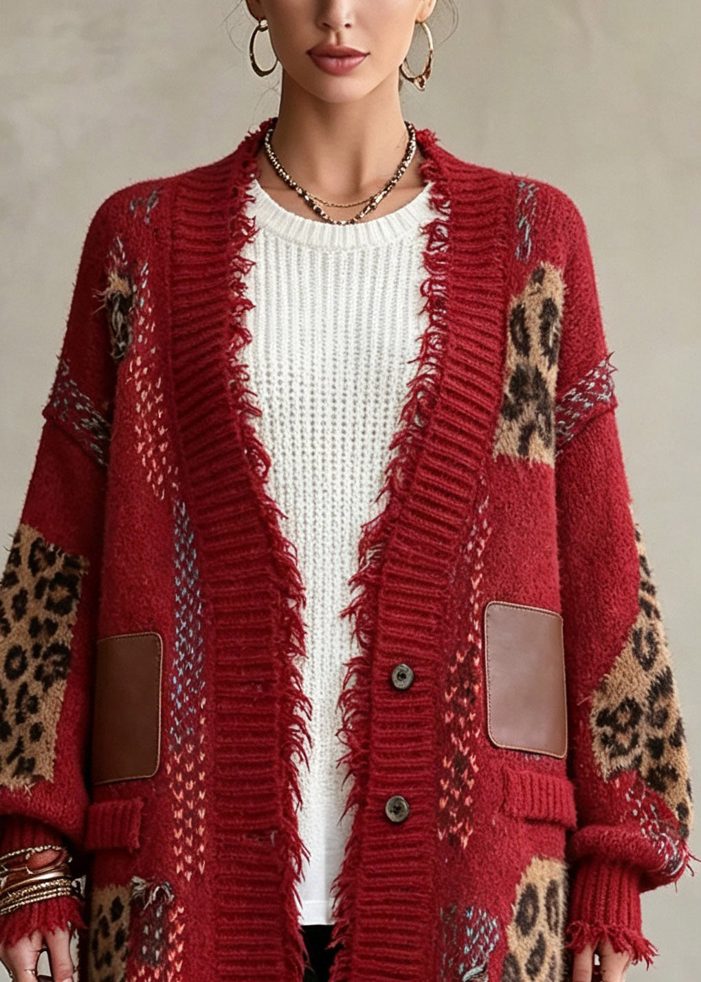 Natural Red Patchwork Button Pockets Cotton Knit Cardigans Fall