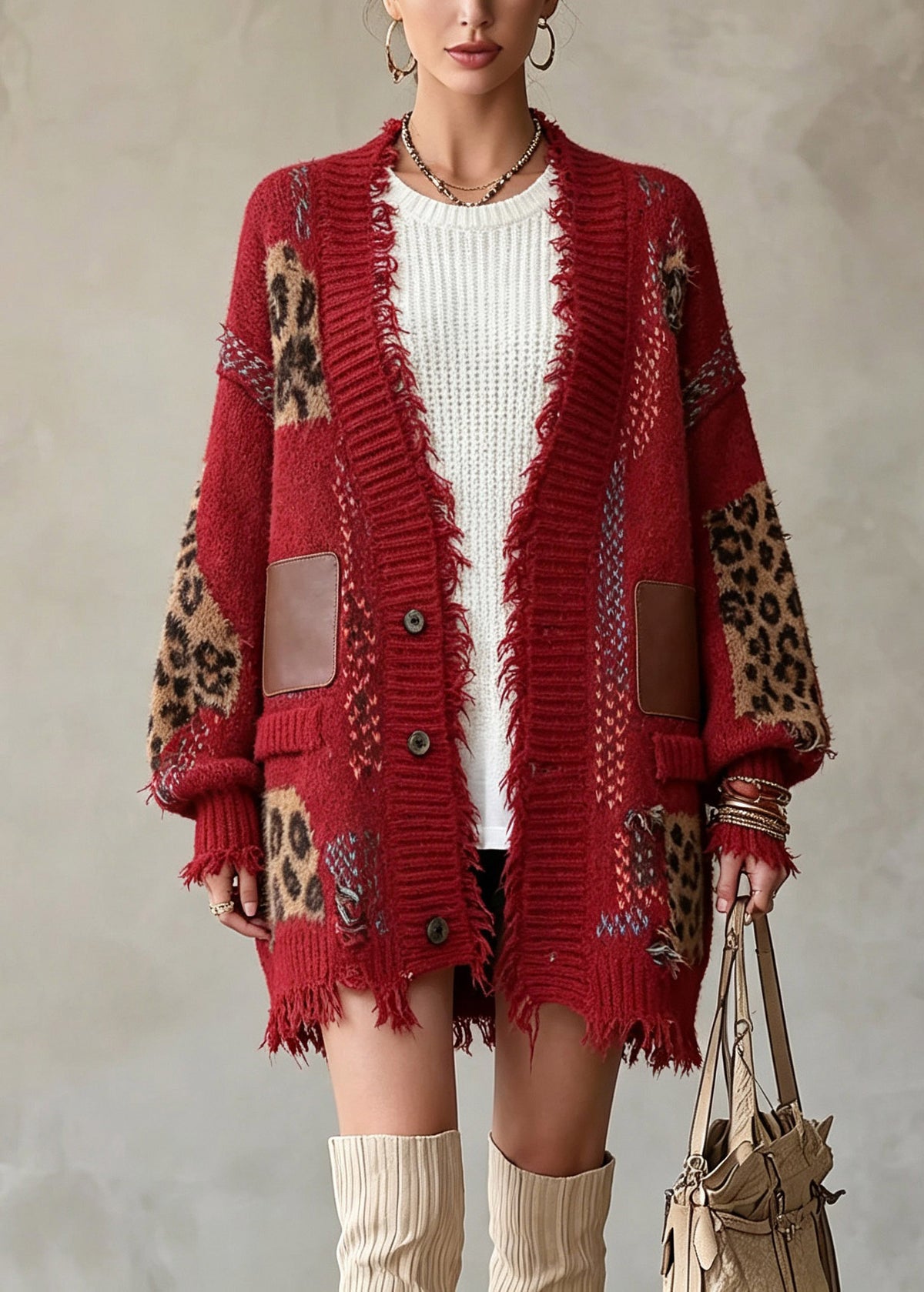 Natural Red Patchwork Button Pockets Cotton Knit Cardigans Fall