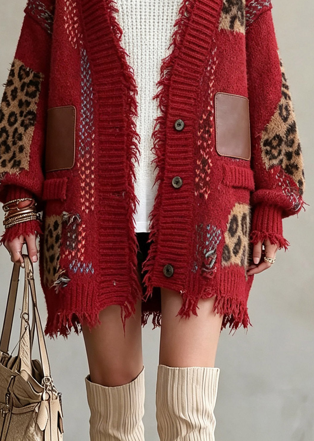 Natural Red Patchwork Button Pockets Cotton Knit Cardigans Fall