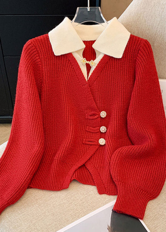 Natural Red Peter Pan Collar False Two Pieces Knit Top Spring