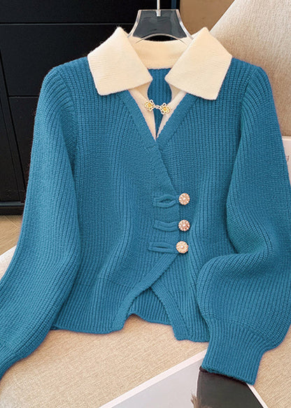 Natural Red Peter Pan Collar False Two Pieces Knit Top Spring