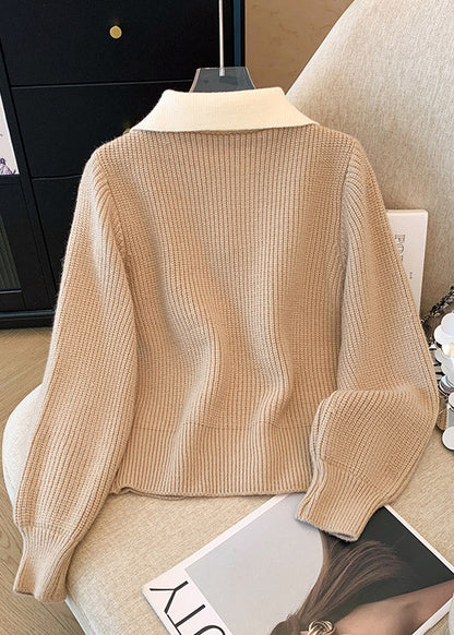 Natural Red Peter Pan Collar False Two Pieces Knit Top Spring