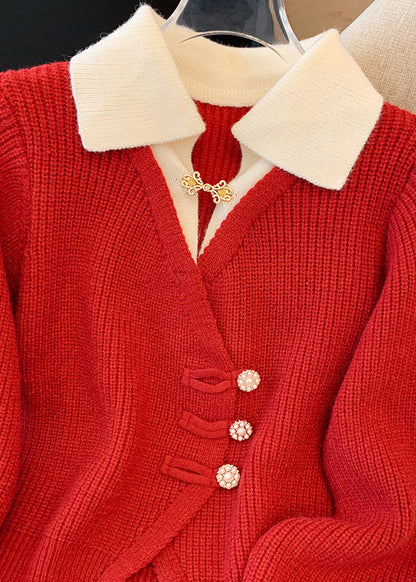 Natural Red Peter Pan Collar False Two Pieces Knit Top Spring