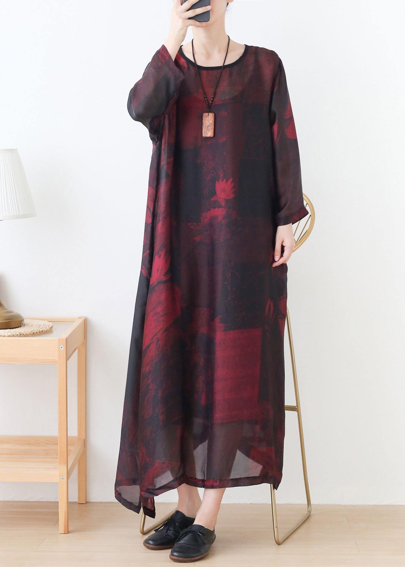 Natural Red Print Chiffon O-Neck Summer Dresses - SooLinen