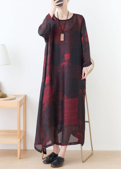Natural Red Print Chiffon O-Neck Summer Dresses - SooLinen