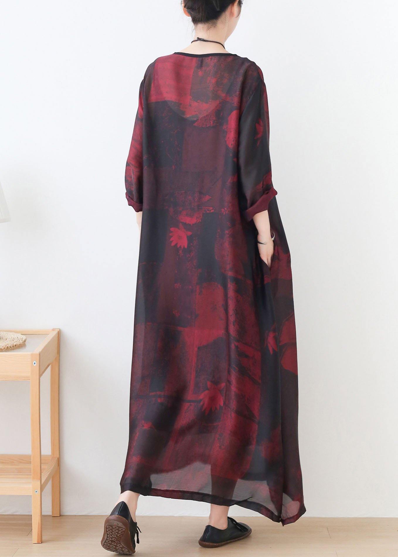 Natural Red Print Chiffon O-Neck Summer Dresses - SooLinen
