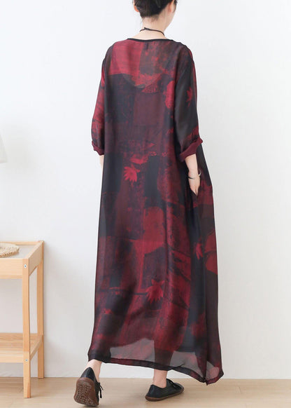 Natural Red Print Chiffon O-Neck Summer Dresses - SooLinen