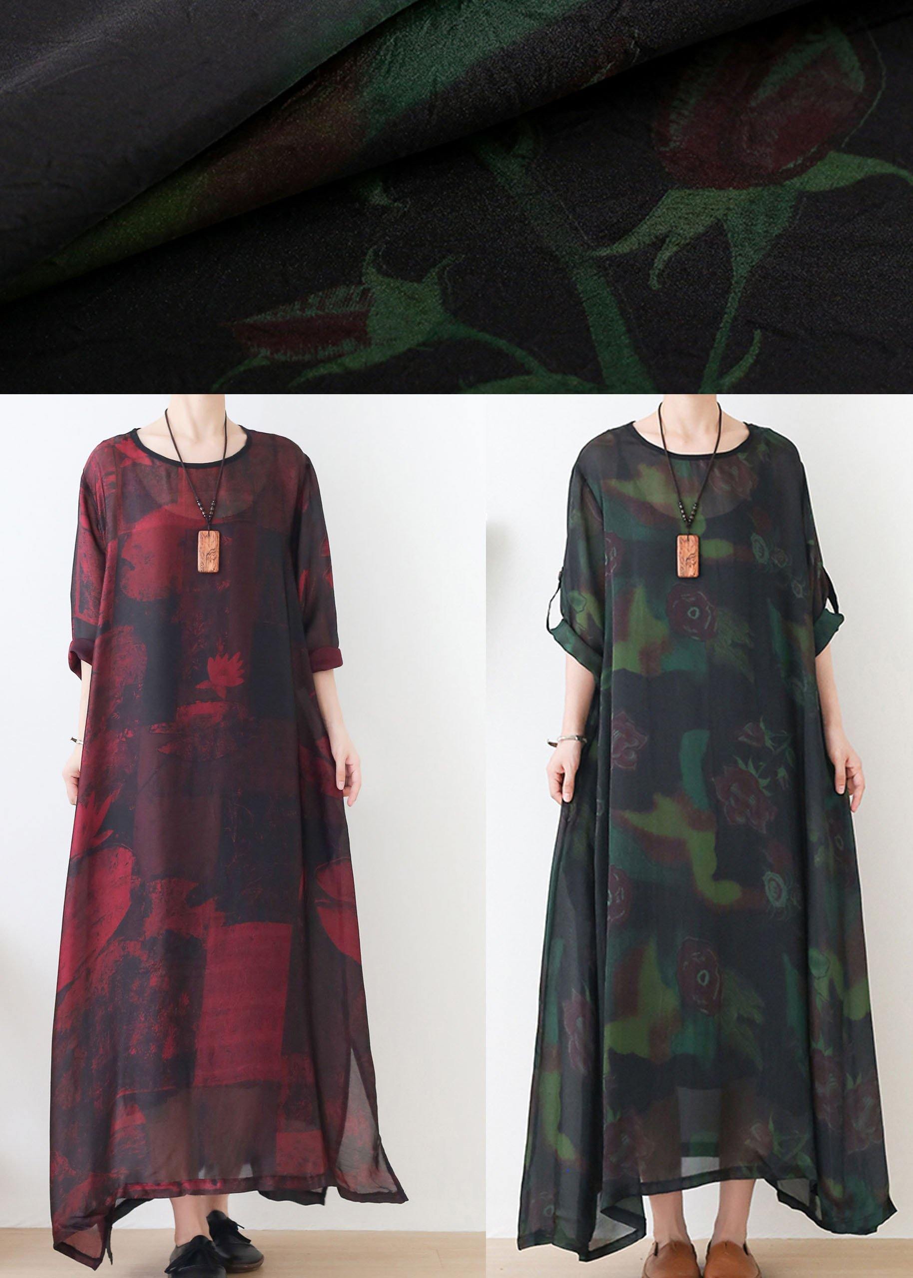 Natural Red Print Chiffon O-Neck Summer Dresses - SooLinen