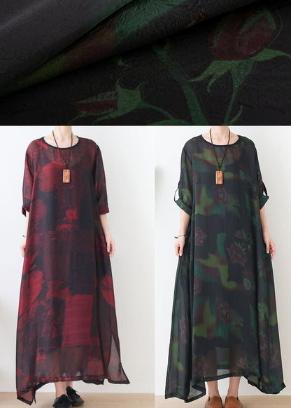 Natural Red Print Chiffon O-Neck Summer Dresses - SooLinen