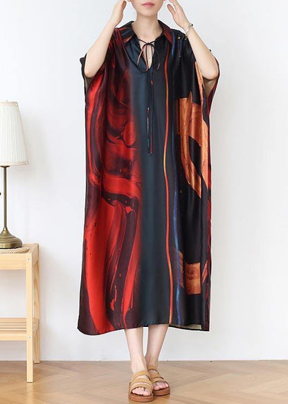 Natural Red Print Peter Pan Collar Summer Chiffon Dress - SooLinen