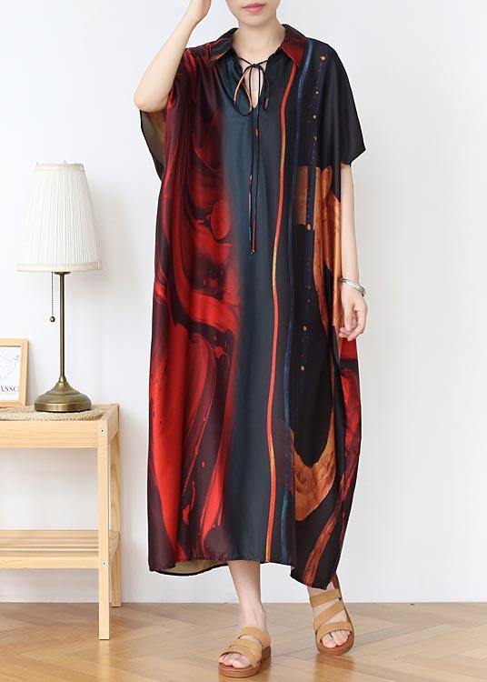 Natural Red Print Peter Pan Collar Summer Chiffon Dress - SooLinen