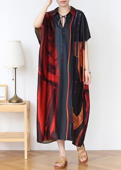 Natural Red Print Peter Pan Collar Summer Chiffon Dress - SooLinen