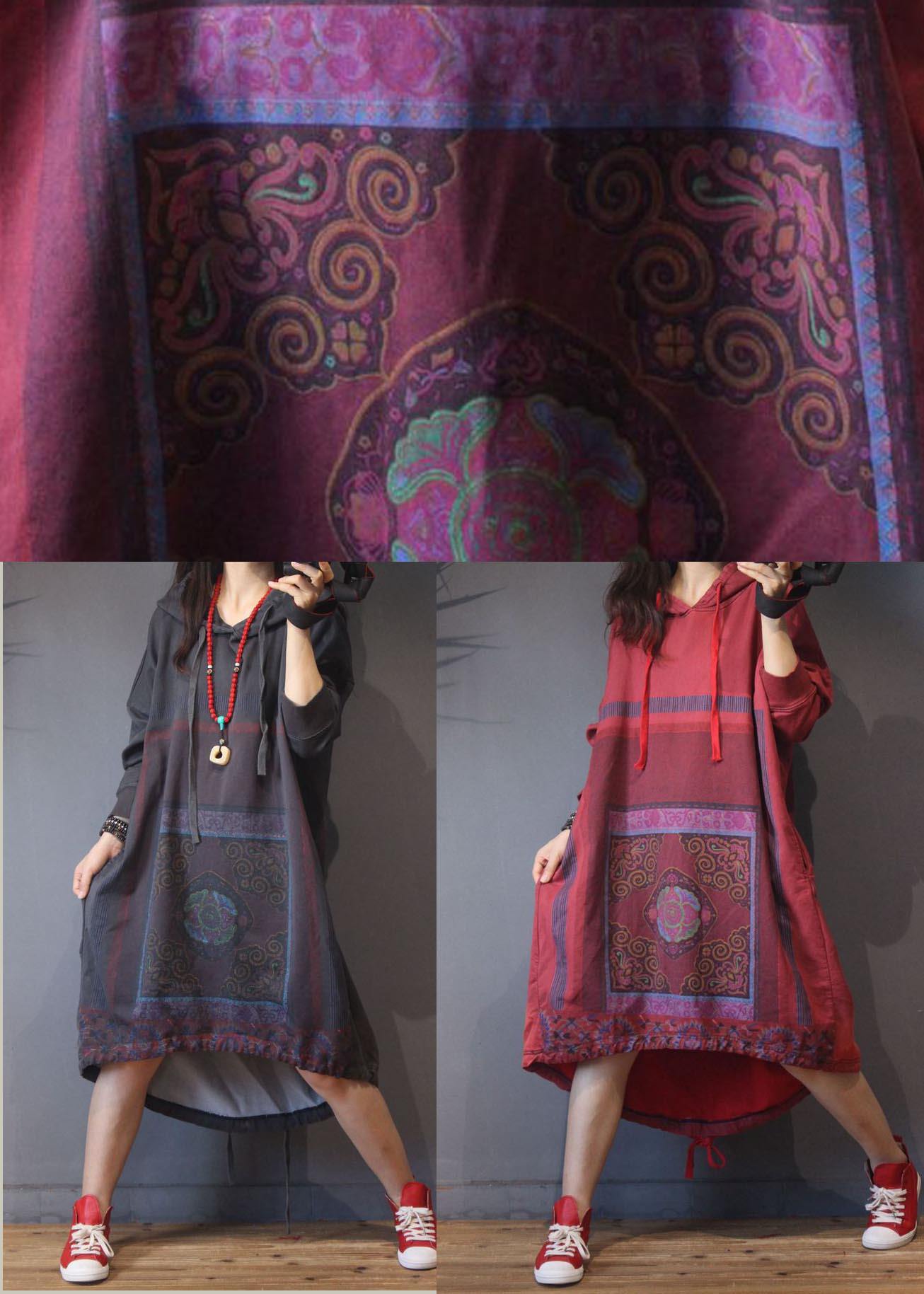 Natural Red Print low high design Dresses Summer Cotton Dress - SooLinen