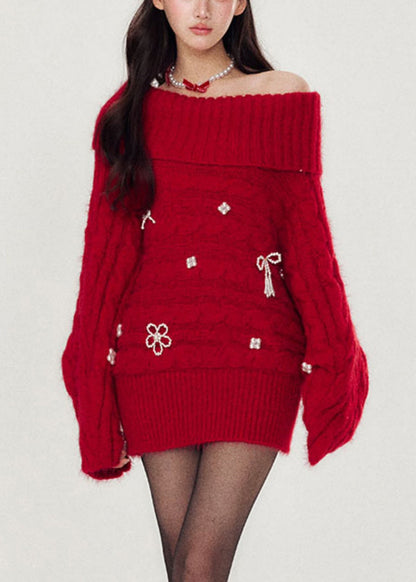 Natural Red Slash Neck Nail Bead Thick Cotton Knit Sweater Batwing Sleeve