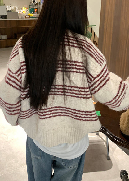 Natural Red Striped O-Neck Cotton Knit Cardigan Long Sleeve