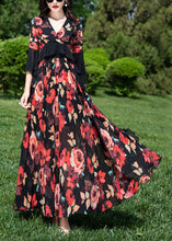 Load image into Gallery viewer, Natural Red V Neck Ruffled Print Chiffon Vacation Dresses Summer