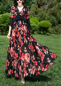 Natural Red V Neck Ruffled Print Chiffon Vacation Dresses Summer