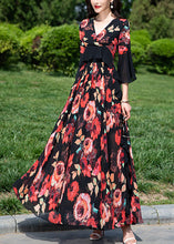 Load image into Gallery viewer, Natural Red V Neck Ruffled Print Chiffon Vacation Dresses Summer