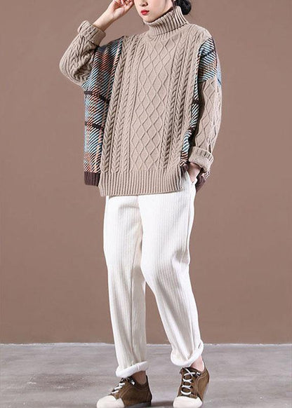 Natural Rose Patchwork High neck Casual Fall Knit Sweater - SooLinen