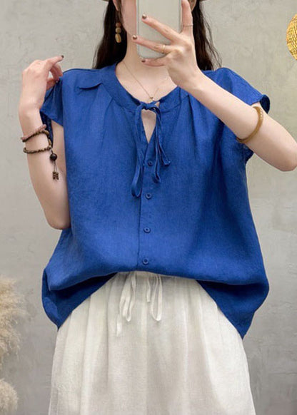 Natural Royal Blue O Neck Lace Up Linen Shirts Summer