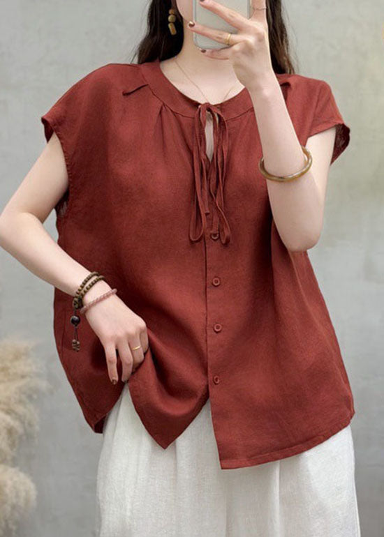Natural Royal Blue O Neck Lace Up Linen Shirts Summer