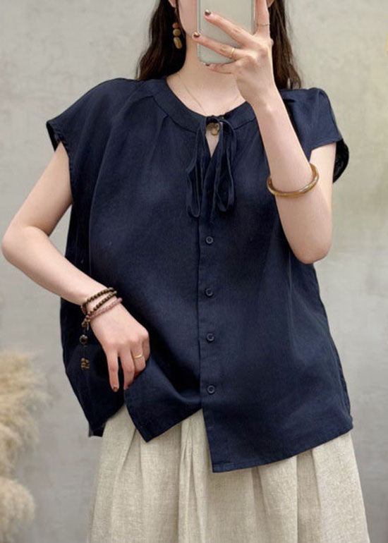 Natural Royal Blue O Neck Lace Up Linen Shirts Summer