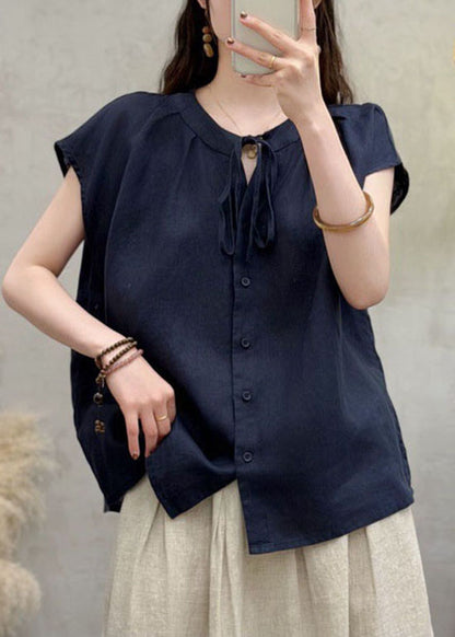 Natural Royal Blue O Neck Lace Up Linen Shirts Summer