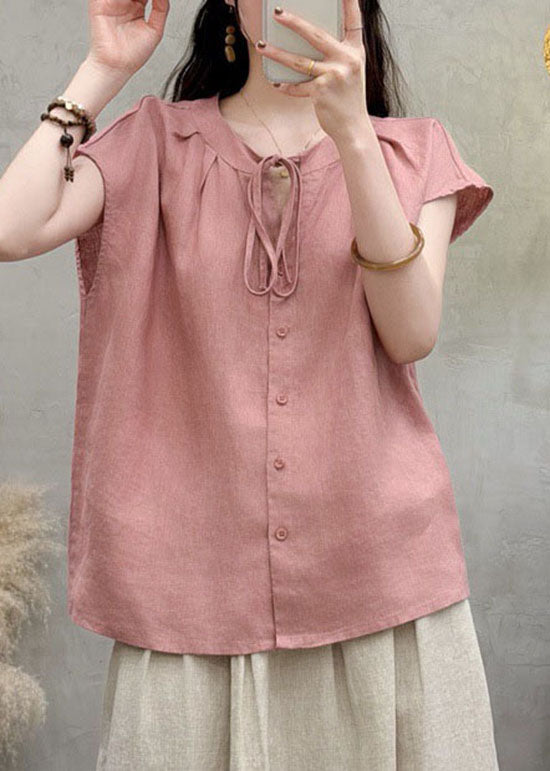 Natural Royal Blue O Neck Lace Up Linen Shirts Summer